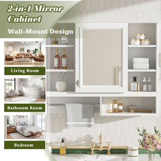 Wall Mount 2 In 1 Mirror Cabinet With Adjustable Shelves, Open Storage, For Bathroom Vanity - White