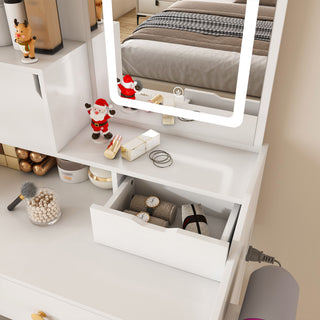 LED Vanity Mirror With Stool, 2 Drawers & 5 Storage Cabinets, Adjustable Lighting Mdf Dressing Table For Bedroom - White