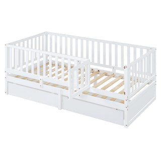 Daybed With Fence Guardrails And 2 Drawers, Split Into Independent Floor Bed & Daybed