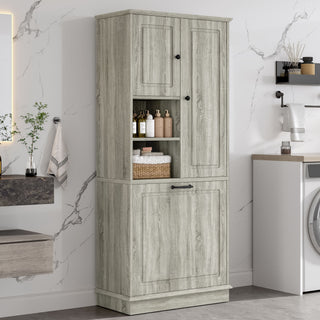 Modern Tall Storage Cabinet With Adjustable Shelves, Flip-Out Basket & Enclosed Doors