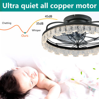Ceiling Fan With Light, Flower Caged Ceiling Fan With Remote, LED Low Profile Ceiling Light - Matte Black