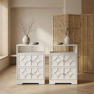 Nightstand With Diamond Carvings Handles, 2 Drawers & Charging Station
