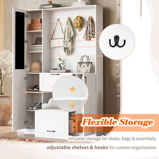 Entryway Bench With Integrated Shoe Cabinet, 3 In 1 Design And Mirrored Cabinet Door, Hall Tree With 4 Sturdy Hooks And Foldable Seat For Entrance, Living Room - White