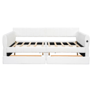 Queen Upholstered Platform Bed With USB Charging And 2 Storage Drawers - White