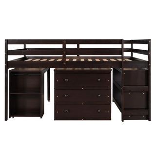 Loft Low Study Bed With Cabinet, Shelves And Rolling Portable Desk, Multiple Functions
