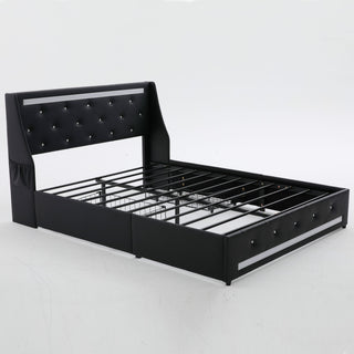 Wingback Upholstered Bed Frame With LED Lights, Charging Station