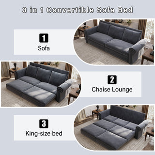 3 In 1 Convertible Sleeper Sofa With Nailhead Trim & Rolled Arm