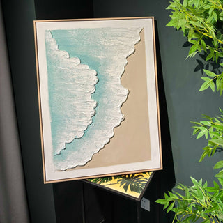 Framed Ocean Wave Wall Art, Textured Canvas Painting, Beach Decor For Living Room (Set of 2) - Aqua Blue