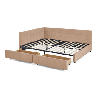 Mid-Century Storage Upholstered Tufted Bed Frame With Backrest And Armrests