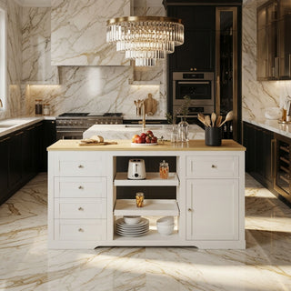 Drop Leaf Kitchen Island With Storage, Power Outlet & Pet Bowl Drawer - White / Light Oak