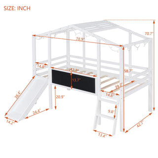 Loft House Bed With Ladder And Slide, With board And Light Strip On The Roof