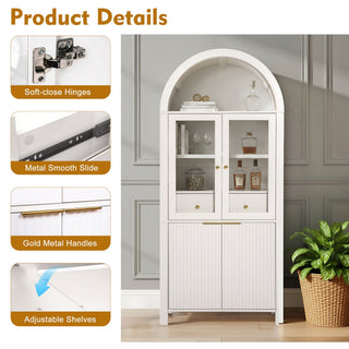 Fluted Tall Arched Pantry Cabinet With Adjustable Shelves, Glass Door & Hidden Drawer For Kitchen
