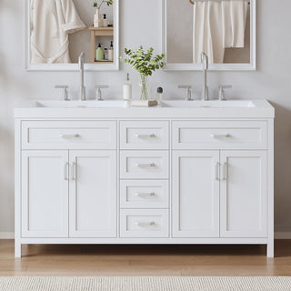 59.1" Minimalist Double Sink Bathroom Vanity With Top, Soft Close Doors & Drawers - White