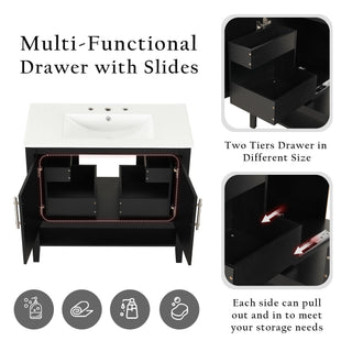 36" Bathroom Vanity With Sink, Frame Cabinet With Doors And Drawers - Black