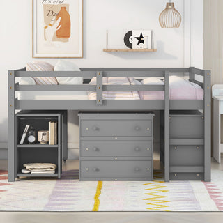 Loft Low Study Bed With Cabinet, Shelves And Rolling Portable Desk, Multiple Functions