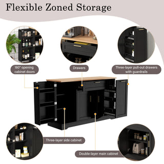 Trexm Multi-Functional Storage Sideboard, Extendable Dining Table, Adjustable Shelves, 3-Tier Pull-Out Rack, Kitchen Island Storage For Kitchen, Dining Room, Living Room (Black)