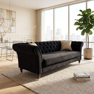 3 Seater Button Tufted Sofa With Rolled Arms, Living Room Couch With 2 Pillows - Black