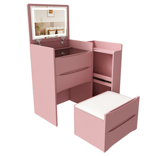 Flip Mirror Vanity Desk With Adjustable LED Lights & Stool For Bedroom