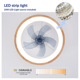 Ceiling Fans With LED Light Source And Remote Control, 3000 - 6500K Dimmable, 6 Speeds, Quiet DC Motor For Living Room - Natural Wood / White
