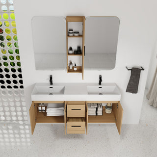 Floating Double Sink Bathroom Vanity Set With Tall Linen Cabinet, Drawers And Doors, Extra Large Storage, Integrated Sink, Soft Close Hardware - Glossy White / Light Oak
