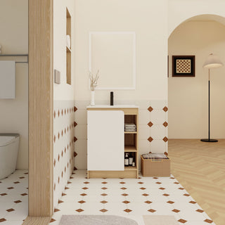 Freestanding Bathroom Vanity With Thin Rim Sink, Single Door With 4 Tier Open Shelves - Light Oak / White
