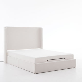 Caron - Queen Size Upholstered Wingback Bed With Adjustable Base Bundle Set - Ivory