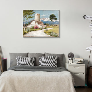 Framed Canvas Wall Art Beautiful Field Painting Wildflower Barn Print Nature Scenery Picture For Home - Blue / Pink