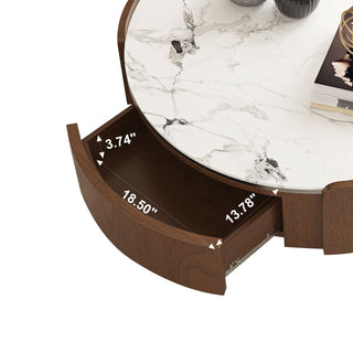 Round Coffee Table With Ball Feet, Dual Storage Drawers For Living Room - Walnut Brown