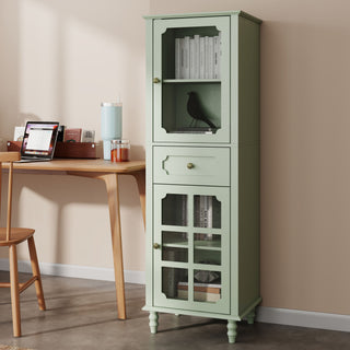 Curio Cabinet, Freestanding Vintage Display Storage Cabinet, Adjustable Shelves - Green