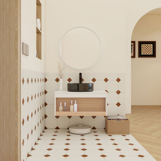 Floating Bathroom Vanity With Vessel Sink With Open Shelf Storage