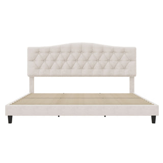King Upholstered Platform Bed With Curved Adjustable Headboard And Diamond Tufted Details, No Box Spring Needed - Beige