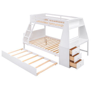 Bunk Bed With Trundle And Built In Desk, 3 Storage Drawers And Shelf