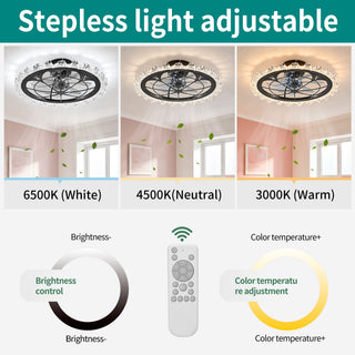 Caged Ceiling Fan With Remote Controlled Dimmable LED Lights, Flush Mount Fan, Low Profile Design - Matte Black
