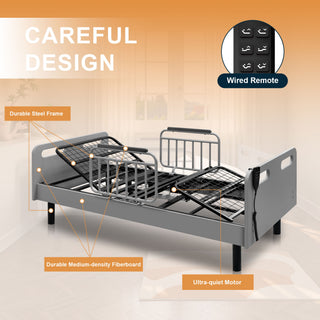 Electric Adjustable Hospital Bed For Home Use With Wired Remote Control, Memory Foam Mattress - Gray / White