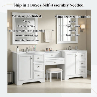 Double Sink Bathroom Vanity With Countertop, 2 Ceramic Sinks, 6 Drawers, Soft Close Design