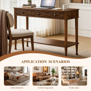 Console Table With Reeded Diamond Pattern Drawer Fronts, Open Storage Shelf For Living Room - Walnut