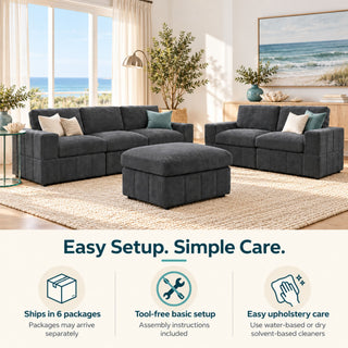 Oversized Modular Sectional Sofa Set With Loveseat & Ottoman, 6 Piece Living Room Furniture - Dark Gray