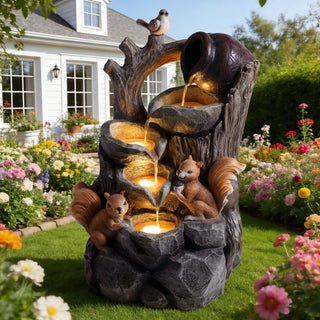 Outdoor Squirrel, Tiered Waterfall Fountain With LED Light For Patio - Gray