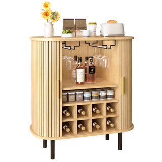 Fluted Wine Bar Cabinet With 8 Grid Wine Rack, 5 Level Adjustable Shelves, 2 Glass Holders