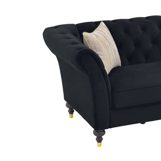 3 Seater Button Tufted Sofa With Rolled Arms, Living Room Couch With 2 Pillows - Black
