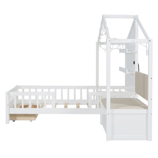 House Bed With Upholstered Sofa, Wireless Charging Station, Shelves And 2 Drawers