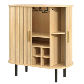 Fluted Wine Bar Cabinet With 8 Grid Wine Rack, 5 Level Adjustable Shelves, 2 Glass Holders