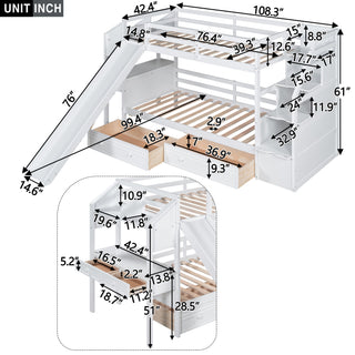 Bunk Bed With Storage Staircase, Slide, Desk, Drawers, And Shelves