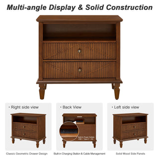 Nightstand With Charging Station, 2 Drawer Bedside Table - Walnut