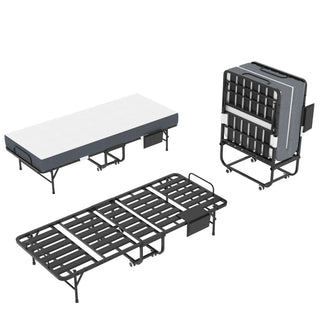 Twin Folding Bed With Memory Foam Mattress, On Wheels, Portable Bed For Adults & Guests - Black