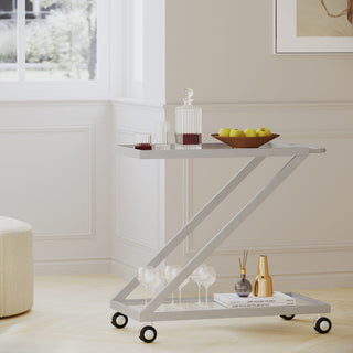 Modern Z Shaped Bar Cart With Tempered Glass Shelves - Silver