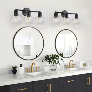 3 Light Globe Bathroom Vanity Light With Clear Glass Shades - Black