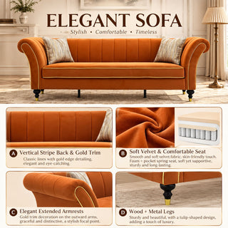 3 Seater Sofa With Rolled Arms, Vertical Channel Tufted Backrest