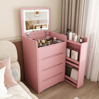 Flip Mirror Vanity Desk With Adjustable LED Lights & Stool For Bedroom