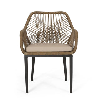 Modern Wicker Dining Club Chair With Water Resistant Cushions - Brown / Beige